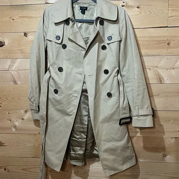 J Crew Collection Trench Coat Khaki Tan Double Breasted Belted Women's Size 0