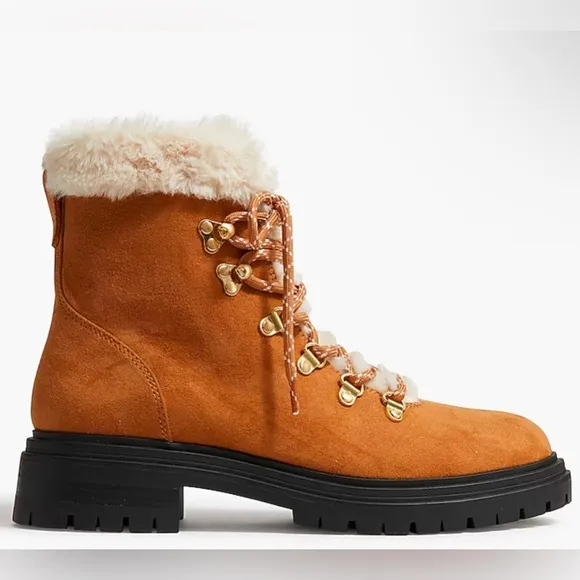 J CREW Factory Womens Faux Fur Winter Hiking Boots Lug Sole, Tan, Size 9.5