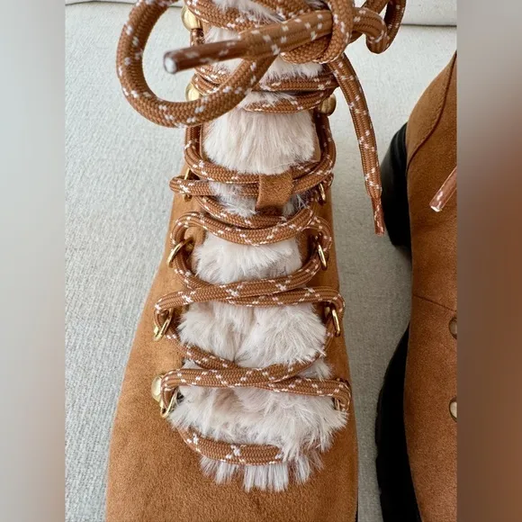 J CREW Factory Womens Faux Fur Winter Hiking Boots Lug Sole, Tan, Size 9.5