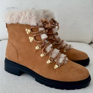 J CREW Factory Womens Faux Fur Winter Hiking Boots Lug Sole, Tan, Size 9.5