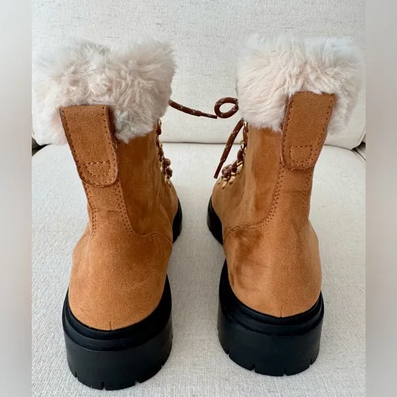 J CREW Factory Womens Faux Fur Winter Hiking Boots Lug Sole, Tan, Size 9.5
