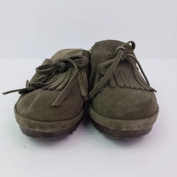 J Crew Womens Sz 7 Green Suede Tassel Bow Leather Made In Italy Mule Clogs Shoes