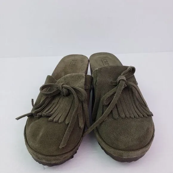 J Crew Womens Sz 7 Green Suede Tassel Bow Leather Made In Italy Mule Clogs Shoes