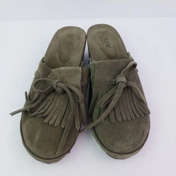 J Crew Womens Sz 7 Green Suede Tassel Bow Leather Made In Italy Mule Clogs Shoes