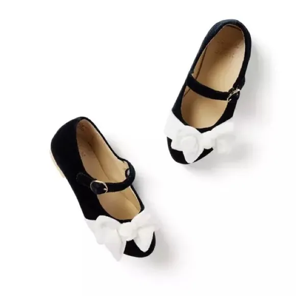 Janie and Jack Kids' Black and White Velvet Bow Ballet Shoes 5T