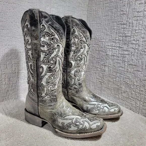 J.B. Dillion Women's Size 8.5 B Gray Leather Glittered Embroidered Cowboy Boots