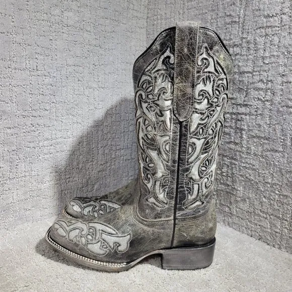 J.B. Dillion Women's Size 8.5 B Gray Leather Glittered Embroidered Cowboy Boots