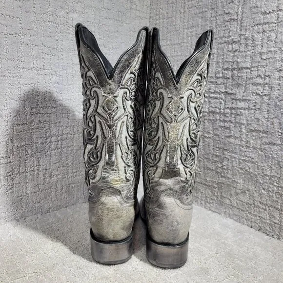 J.B. Dillion Women's Size 8.5 B Gray Leather Glittered Embroidered Cowboy Boots