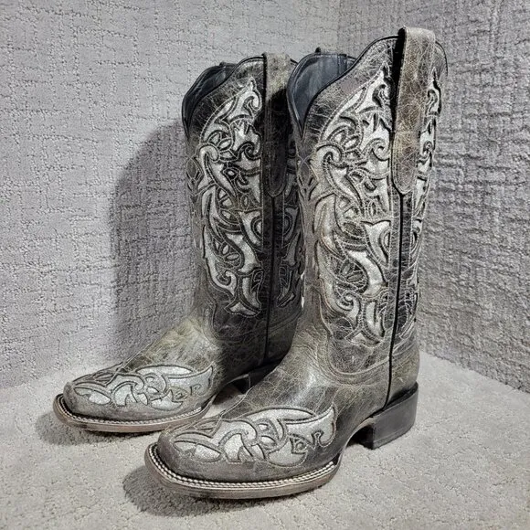 J.B. Dillion Women's Size 8.5 B Gray Leather Glittered Embroidered Cowboy Boots
