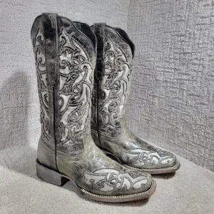 J.B. Dillion Women's Size 8.5 B Gray Leather Glittered Embroidered Cowboy Boots