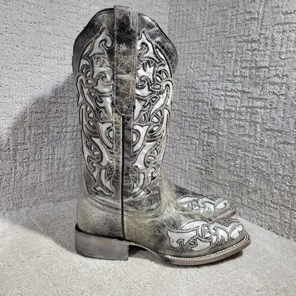 J.B. Dillion Women's Size 8.5 B Gray Leather Glittered Embroidered Cowboy Boots