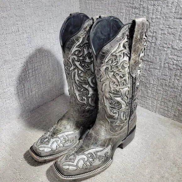 J.B. Dillion Women's Size 8.5 B Gray Leather Glittered Embroidered Cowboy Boots