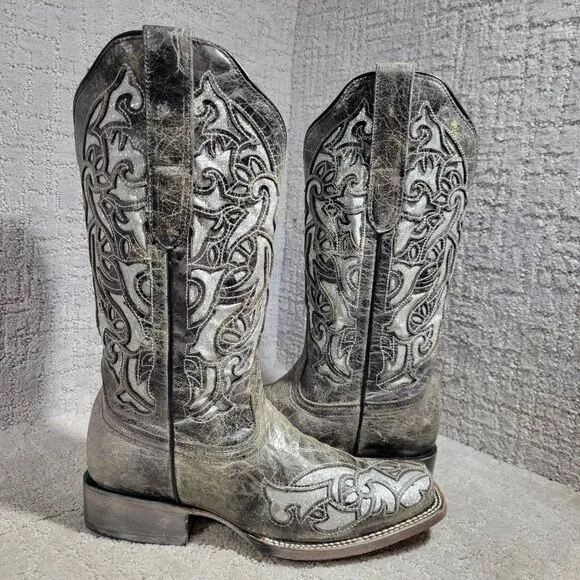 J.B. Dillion Women's Size 8.5 B Gray Leather Glittered Embroidered Cowboy Boots