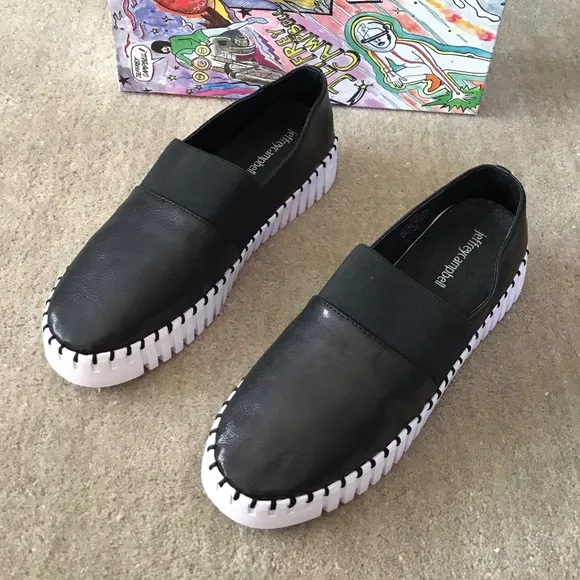 JEFFREY CAMPBELL Black Leather Platform Slip On Shoes