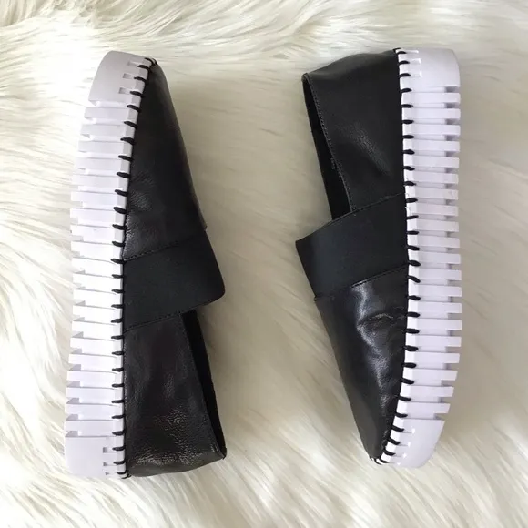 JEFFREY CAMPBELL Black Leather Platform Slip On Shoes