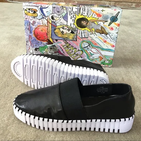 JEFFREY CAMPBELL Black Leather Platform Slip On Shoes