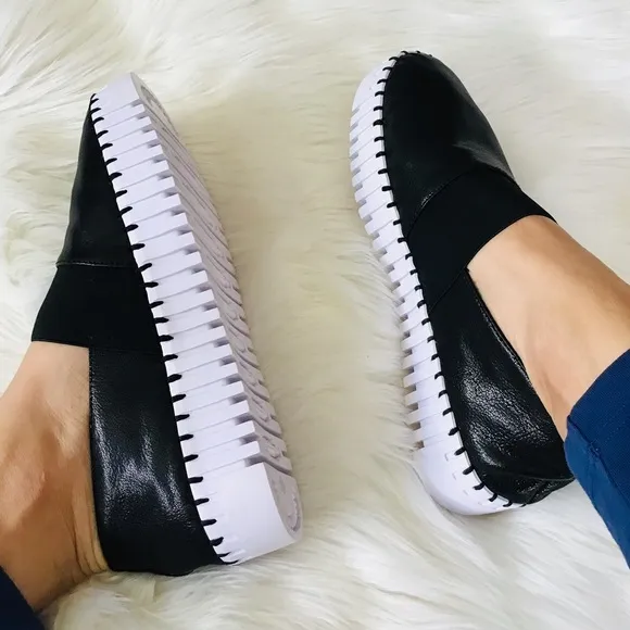JEFFREY CAMPBELL Black Leather Platform Slip On Shoes