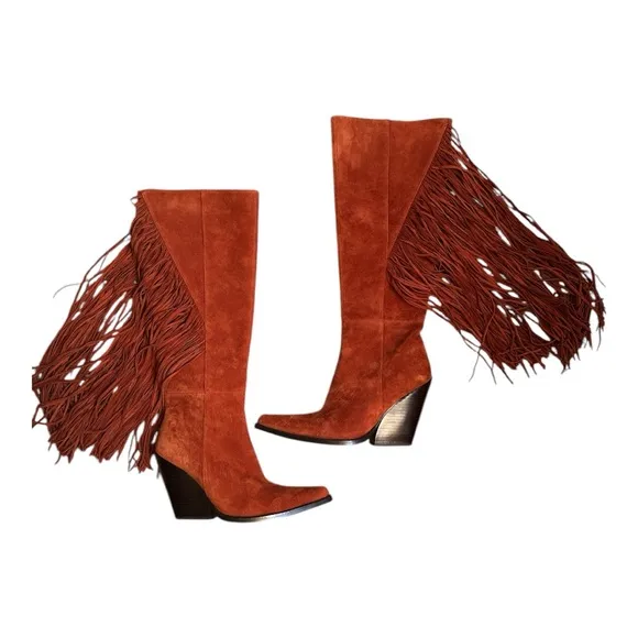 Jeffrey Campbell Fringed Western Rust Boots Size 6