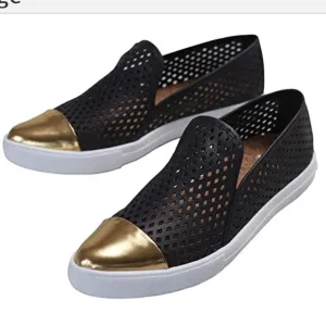 Jibs Slim Fashion Sneaker Flat (Jet Black/Gold) Women's Shoes Sz W9