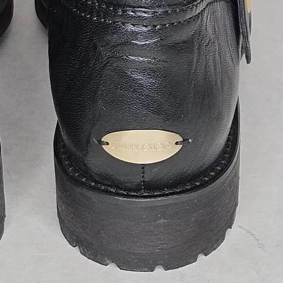 Jimmy Choo Black Biker Leather Unlined Belted Boots BKU 247 with Box Size 37/6.5