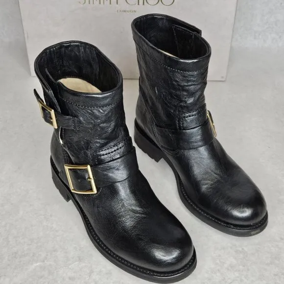 Jimmy Choo Black Biker Leather Unlined Belted Boots BKU 247 with Box Size 37/6.5
