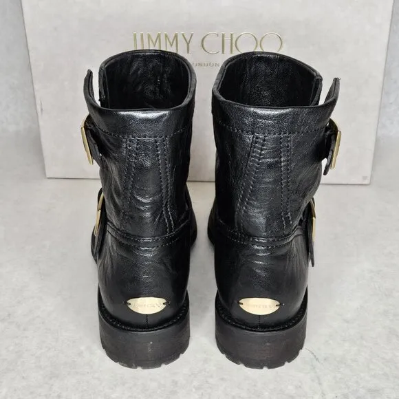 Jimmy Choo Black Biker Leather Unlined Belted Boots BKU 247 with Box Size 37/6.5