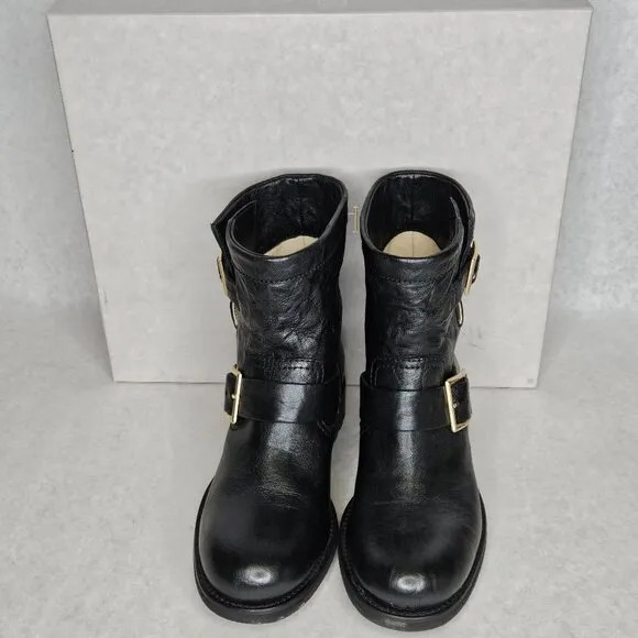 Jimmy Choo Black Biker Leather Unlined Belted Boots BKU 247 with Box Size 37/6.5