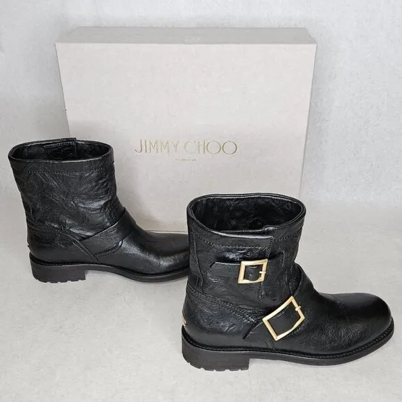 Jimmy Choo Black Biker Leather Unlined Belted Boots BKU 247 with Box Size 37/6.5