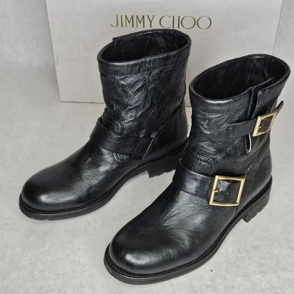 Jimmy Choo Black Biker Leather Unlined Belted Boots BKU 247 with Box Size 37/6.5