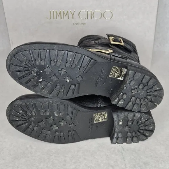 Jimmy Choo Black Biker Leather Unlined Belted Boots BKU 247 with Box Size 37/6.5