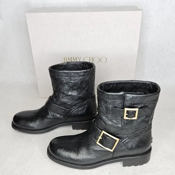 Jimmy Choo Black Biker Leather Unlined Belted Boots BKU 247 with Box Size 37/6.5