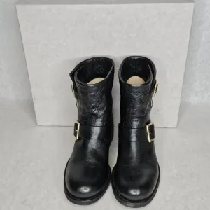 Jimmy Choo Black Biker Leather Unlined Belted Boots BKU 247 with Box Size 37/6.5