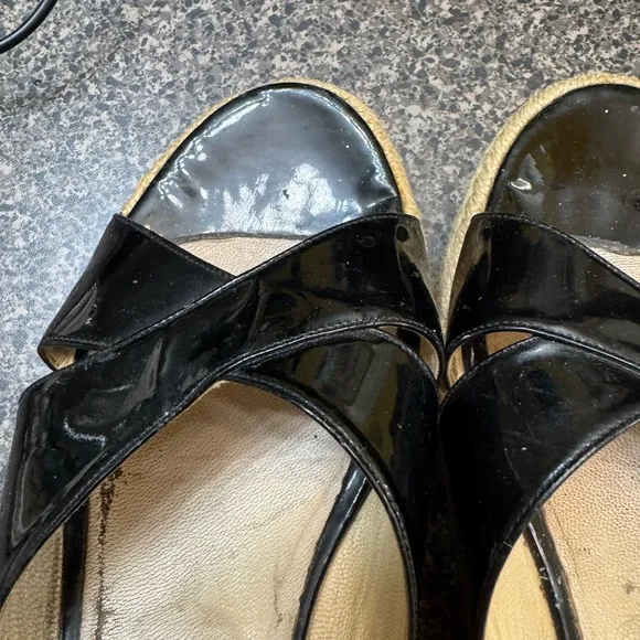 Jimmy Choo Black Patent Leather “Paisley” Espadrille Wedges Platform Sandals