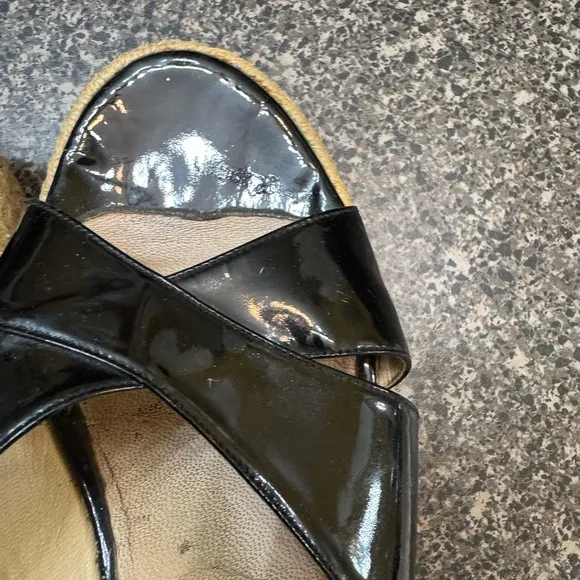 Jimmy Choo Black Patent Leather “Paisley” Espadrille Wedges Platform Sandals
