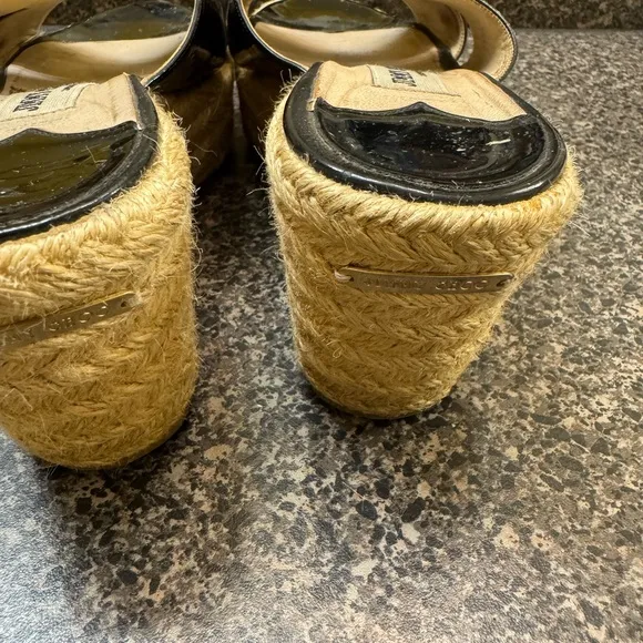 Jimmy Choo Black Patent Leather “Paisley” Espadrille Wedges Platform Sandals