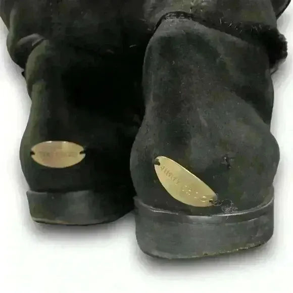Jimmy Choo Boots Shearling Riding Black Gold Buckle Hardware Womens 7 EURO 37.5​