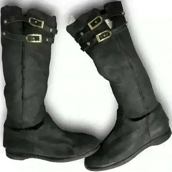 Jimmy Choo Boots Shearling Riding Black Gold Buckle Hardware Womens 7 EURO 37.5​