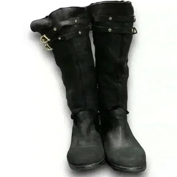 Jimmy Choo Boots Shearling Riding Black Gold Buckle Hardware Womens 7 EURO 37.5​
