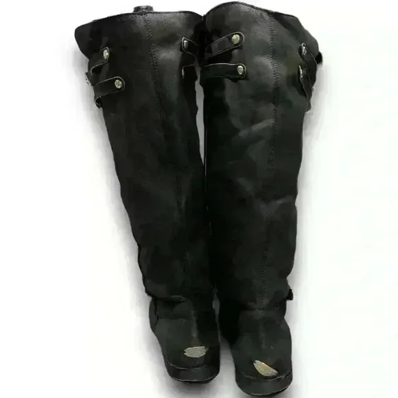 Jimmy Choo Boots Shearling Riding Black Gold Buckle Hardware Womens 7 EURO 37.5​