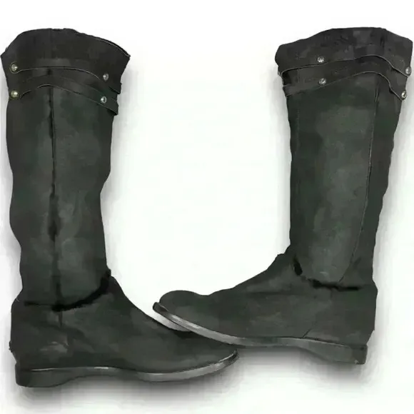 Jimmy Choo Boots Shearling Riding Black Gold Buckle Hardware Womens 7 EURO 37.5​