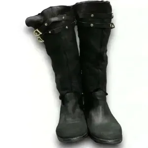 Jimmy Choo Boots Shearling Riding Black Gold Buckle Hardware Womens 7 EURO 37.5​