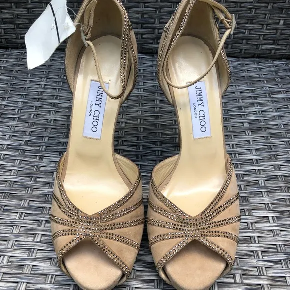 Jimmy Choo Crystal Embellished Kalpa Nude Heel Sandals 40EU