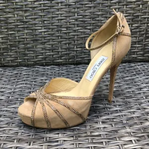 Jimmy Choo Crystal Embellished Kalpa Nude Heel Sandals 40EU