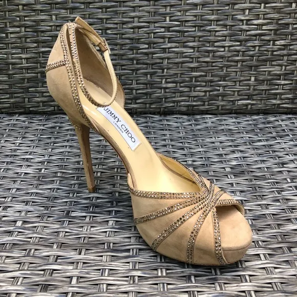 Jimmy Choo Crystal Embellished Kalpa Nude Heel Sandals 40EU