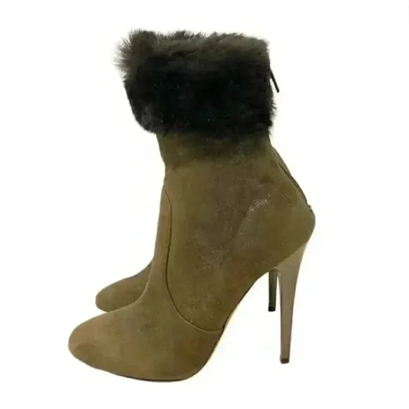 Jimmy Choo Gray Lamb Suede Faux Fur Anthracite Stiletto Ankle Boots  Size 8.5