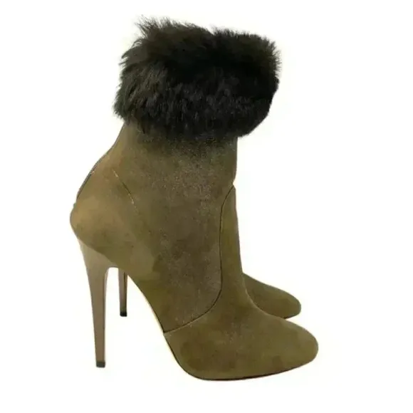 Jimmy Choo Gray Lamb Suede Faux Fur Anthracite Stiletto Ankle Boots  Size 8.5