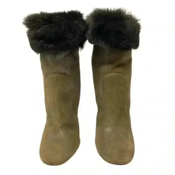 Jimmy Choo Gray Lamb Suede Faux Fur Anthracite Stiletto Ankle Boots  Size 8.5