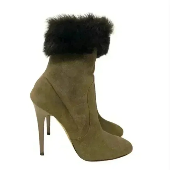 Jimmy Choo Gray Lamb Suede Faux Fur Anthracite Stiletto Ankle Boots  Size 8.5
