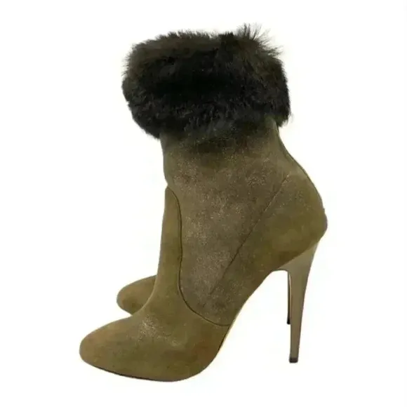 Jimmy Choo Gray Lamb Suede Faux Fur Anthracite Stiletto Ankle Boots  Size 8.5