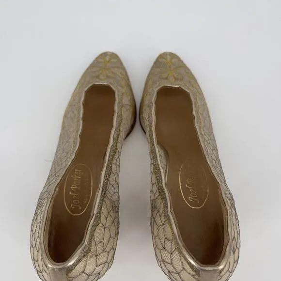 Joel Parker Vintage Italian Lace Heels Gold Embroidered Leather Lined Size 8.5 B